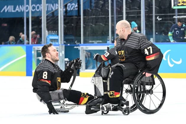 Para Ice hockey, Eishockey - Millano Cortina 2026 Winter Paralympics: Day 6 - Classification Game 5 - 8 Para Ice Hockey - Milano Cortina 2026 Winter Paralympics: Day 6 MILANO SANTAGIULIA ICE HOCKEY ARENA MILANO, ITALY - MARCH 12: Classification Game 5 - 8 Slovakia (SVK) - Germany (GER) RENNHACK Frank (No. 8, Athlet, Forward, 12.10.1989, Club Dresdner Eisloewen) and KUNST Simon (No. 47, Athlet, Goalkeeper, 03.08.1986, Club Hannover Ice Lions) (Photo by RALF KUCKUCK) Copyright 2026 Ralf Kuckuck Milano Milano Santagiulia Ice Hockey Arena Italy