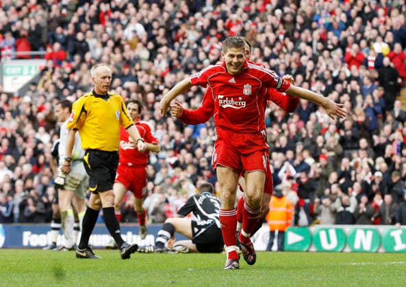 Steven Gerrard of Liverpool celebrates scoring the third goal Copyright: x-x