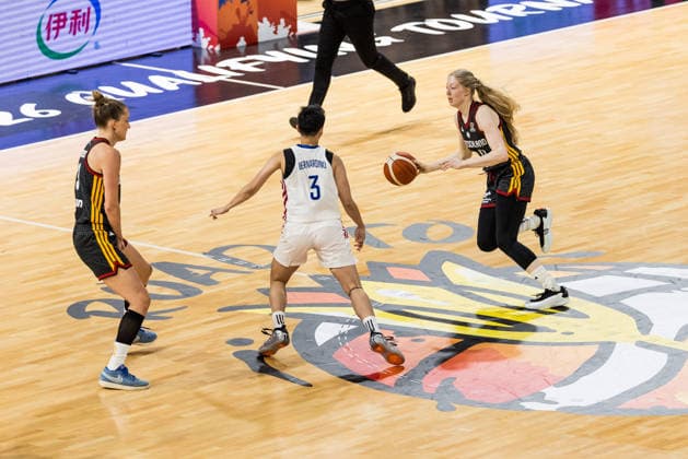 LYON-VILLEURBANNE, FRANCE - MARCH 12: Frieda Buehner (Bühner, Buhner Germany, 20) controls the ball against Afril Bernardino (Philippines, 3) during the FIBA Women™s World Cup Qualifying Tournament match between Philippines (PHI) vs. Germany (GER) at Astroballe on matchday 2 of the FIBA Women™s World Cup Qualifying Tournament on March 12, 2026 in Lyon-Villeurbanne, France. France Copyright: xSteffiexWunderlx
