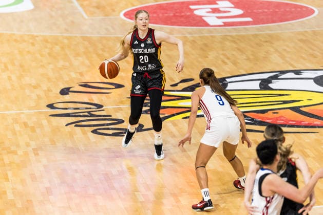 LYON-VILLEURBANNE, FRANCE - MARCH 12: Frieda Buehner (Bühner, Buhner Germany, 20) controls the ball against Louna Ozar (Philippines, 9) during the FIBA Women™s World Cup Qualifying Tournament match between Philippines (PHI) vs. Germany (GER) at Astroballe on matchday 2 of the FIBA Women™s World Cup Qualifying Tournament on March 12, 2026 in Lyon-Villeurbanne, France. France Copyright: xSteffiexWunderlx