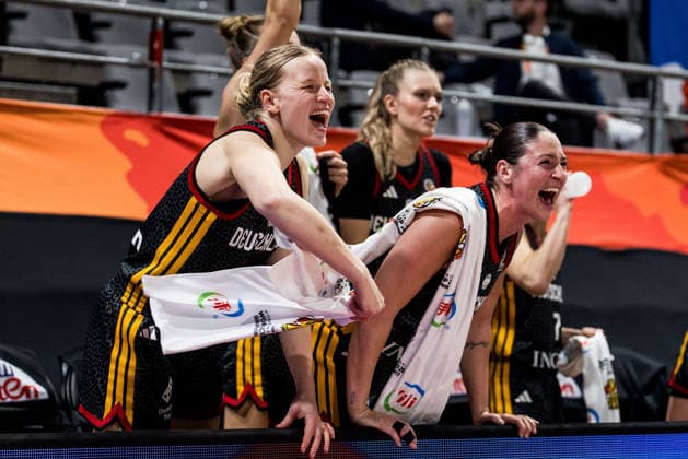 LYON-VILLEURBANNE, FRANCE - MARCH 12: The german bench cheers - Emma Eichmeyer (Germany, 9), Patricia Brossmann (Germany, 34) - during the FIBA Women™s World Cup Qualifying Tournament match between Philippines (PHI) vs. Germany (GER) at Astroballe on matchday 2 of the FIBA Women™s World Cup Qualifying Tournament on March 12, 2026 in Lyon-Villeurbanne, France. France Copyright: xSteffiexWunderlx