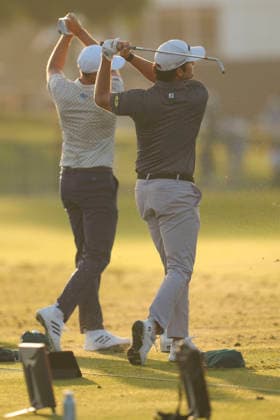 March 12, 2026, Ponte Vedra, Florida, USA: March 12, 2026, Ponte Vedra, Florida.Davis Riley (USA) and Ludvig Aberg (Sweden) warm up on the driving range prior to the start of the first round of The PLAYERS Championship at TPC Sawgrass. PGA, Golf Herren Tour 2026: The PLAYERS Championship  - ZUMAd212 20260312_zsp_d212_010 Copyright: xRichardxDolex