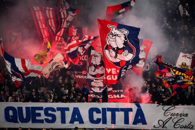 Bolgona fans cheer on during the UEFA Europa League 2025 2026 football match between Bologna FC 1909 and AS Roma at Renato Dall Ara Stadium in Bologna (Italy), March 12, 2026. andreaxstaccioli
