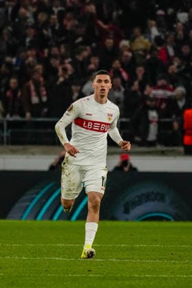 12.03.2026, xdaymx, Fussball UEFA Europa League, VfB Stuttgart - FC Porto Torjubel goal celebration zum 1:2 von El Khannouss Bilal (Stuttgart) (DFL DFB REGULATIONS PROHIBIT ANY USE OF PHOTOGRAPHS as IMAGE SEQUENCES and or QUASI-VIDEO) Stuttgart