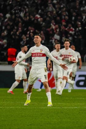 12.03.2026, xdaymx, Fussball UEFA Europa League, VfB Stuttgart - FC Porto Torjubel goal celebration zum 1:2 von El Khannouss Bilal (Stuttgart) (DFL DFB REGULATIONS PROHIBIT ANY USE OF PHOTOGRAPHS as IMAGE SEQUENCES and or QUASI-VIDEO) Stuttgart