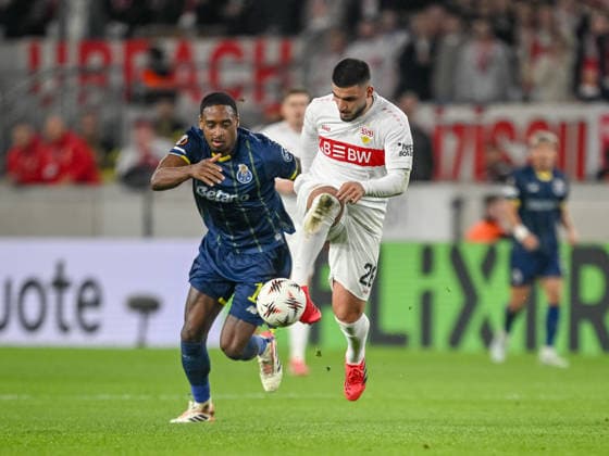 Pablo Rosario (FC Porto) and Deniz Undav (VfB Stuttgart) battle for the ball during the UEFA Europa League 2025 26 Round of 16 First Leg match between VfB Stuttgart and FC Porto at Stuttgart Arena on March 12, 2026 in Stuttgart, Germany. (Photo by Harry Langer DeFodi Images) -