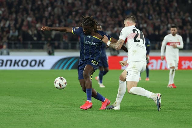 FBL- UEFA Europa League Round of 16 first leg 2025-26 VfB Stuttgart - FC Porto Terem Moffi (FC Porto), Julian Gaston Chabot (VFB Stuttgart) in action, with the ball during the UEFA Europa League Round of 16 first leg soccer match between VfB Stuttgart and FC Porto at the Stuttgart Arena in Stuttgart, Germany, March 12, 2026 Copyright: JoaquimxFerreira