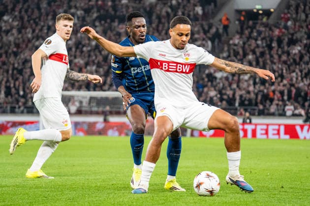 12.03.2026, xdaymx, Fussball UEFA Europa League, VfB Stuttgart - FC Porto Zaidu (Porto) und Nikolas Nartey (Stuttgart) (DFL DFB REGULATIONS PROHIBIT ANY USE OF PHOTOGRAPHS as IMAGE SEQUENCES and or QUASI-VIDEO) Stuttgart