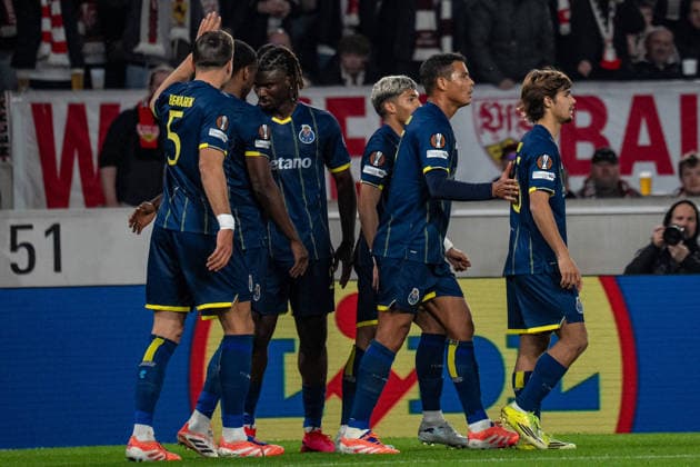 12.03.2026, xdaymx, Fussball UEFA Europa League, VfB Stuttgart - FC Porto Torjubel goal celebration zum 0:1 von Terem Moffi (Porto) (DFL DFB REGULATIONS PROHIBIT ANY USE OF PHOTOGRAPHS as IMAGE SEQUENCES and or QUASI-VIDEO) Stuttgart