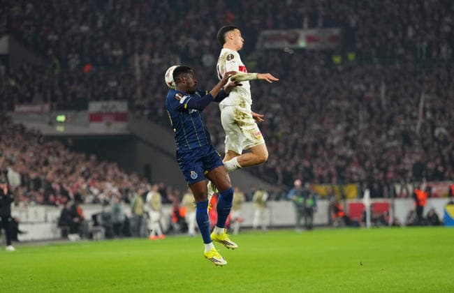 Zaidu Sanusi (FC Porto) and Bilal El Khannouss (VfB Stuttgart ) battle for the ball during Stuttgart and Porto at MHPArena, Stuttgart, Germany on March 12, 2026. Thor Wegner DeFodi Images. (Photo by DeFodi Images) -