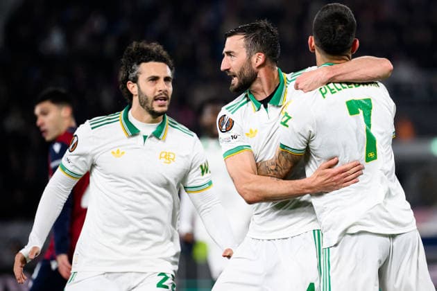 Lorenzo Pellegrini of AS Roma celebrates with Bryan Cristante and Mario Hermoso after scoring the goal of 1-1 during the UEFA Europa League 2025 2026 football match between Bologna FC 1909 and AS Roma at Renato Dall Ara Stadium in Bologna (Italy), March 12, 2026. andreaxstaccioli