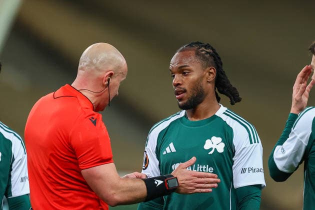 Panathinaikos F.C. v Real Betis UEFA Europa League Renato Sanches of Panathinaikos F.C. protests to Match referee Szymon Marciniak during the UEFA Europa League Round of 16 First Leg match at the Olympic Stadium (Greece), Marousi 12 03 2026 UK Newspapers OUT Copyright: xYannisxHalasx FIL-23117-0059