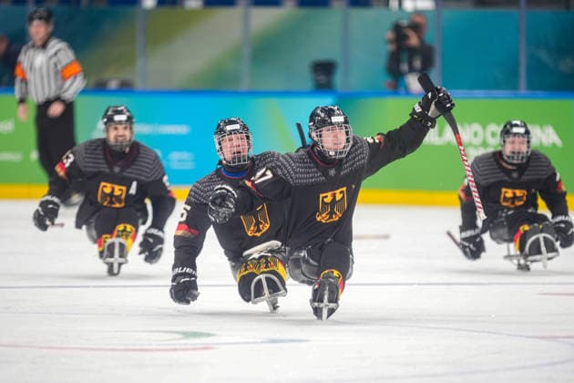 Para Ice hockey, Eishockey Milano Cortina 2026 Paralympic Winter Olympics: Slovakia Vs Germany Germany s para ice hockey team celebrates after winning over Slovakia in the Para Ice Hockey Classification Game at Milano Santagiulia Ice Hockey Arena during the Paralympic Winter games, Winterspiele,Spiele, Summer games in Milano, Italy, on March 12, 2026. Milano Milano Italy  Copyright: xRanjithxKumarx originalFilename:kumar-paralymp260312_npiwg.jpg