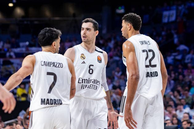 ESP: Real Madrid v Valencia Basket. Euroleague. Alberto Abalde, Facundo Campazzo and Edy Tavares of Real Madrid during the Euroleague match, between Real Madrid and Valencia Basket played at Movistar Arena Stadium on March 12, 2026 in Madrid Spain Madrid Spain Basketball Copyright: xAlbaxPachecox xAgenciaxLOFx