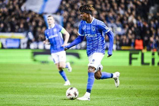 Genk s Noah Adedeji-Sternberg pictured in action during a game between Belgian soccer team KRC Genk and German Freiburg, Thursday 12 March 2026 in Genk, the first leg of the 1 16 Finals of the UEFA Europa League tournament. TOM GOYVAERTS TomxGoyvaerts  x167296795x