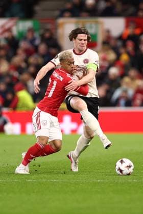 Omari Hutchinson of Nottingham Forest and Mads Bech Sorensen of FC Midtjylland Nottingham Forest v FC Midtjylland, UEFA Europa League, Round of 16, First Leg, Football, City Ground, Nottingham, UK - 12 Mar 2026Nottingham City Ground United Kingdom EDITORIAL USE ONLY No use with unauthorised audio, video, data, fixture lists, club league logos or live services. Online in-match use limited to 120 images, no video emulation. No use in betting, games or single club league player publications. Copyright: xRyanxBrowne Shutterstockx 16746750r
