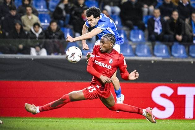 Genk s Zakaria El Ouahdi scores a goal during a game between Belgian soccer team KRC Genk and German Freiburg, Thursday 12 March 2026 in Genk, the first leg of the 1 16 Finals of the UEFA Europa League tournament. TOM GOYVAERTS TomxGoyvaerts  x167299788x
