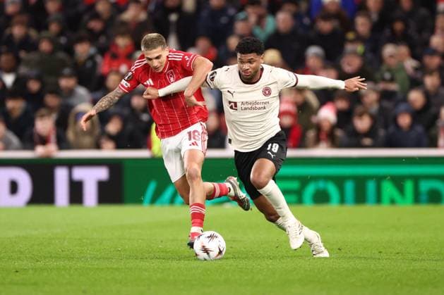 Nicolas Dominguez of Nottingham Forest and Pedro Bravo of FC Midtjylland Nottingham Forest v FC Midtjylland, UEFA Europa League, Round of 16, First Leg, Football, City Ground, Nottingham, UK - 12 Mar 2026Nottingham City Ground United Kingdom EDITORIAL USE ONLY No use with unauthorised audio, video, data, fixture lists, club league logos or live services. Online in-match use limited to 120 images, no video emulation. No use in betting, games or single club league player publications. Copyright: xRyanxBrowne Shutterstockx 16746750x