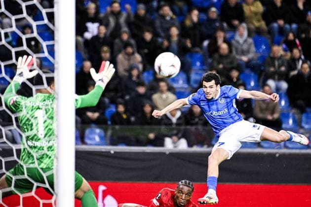 Genk s Zakaria El Ouahdi scores a goal during a game between Belgian soccer team KRC Genk and German Freiburg, Thursday 12 March 2026 in Genk, the first leg of the 1 16 Finals of the UEFA Europa League tournament. TOM GOYVAERTS TomxGoyvaerts  x167301291x