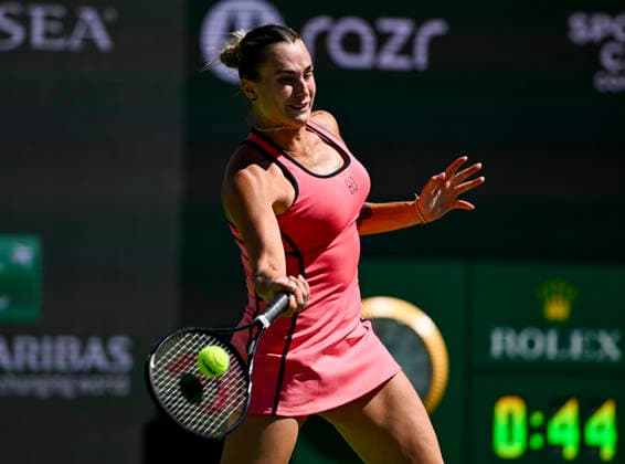 March 12, 2026 Aryna Sabalenka returns a shot against Victoria Mboko (CAN) during their quarterfinals match at the BNP Paribas Open held at the Indian Wells Tennis Garden in Indian Wells, California. California. Mandatory Photo Credit : CSM Tennis 2026: BNP Paribas Open MAR 12  - ZUMAc04_ 20260312_zma_c04_059 Copyright: xCharlesxBausx
