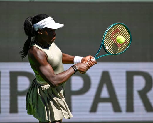 March 12, 2026 Victoria Mboko (CAN) returns a shot against Aryna Sabalenka during their quarterfinals match at the BNP Paribas Open held at the Indian Wells Tennis Garden in Indian Wells, California. California. Mandatory Photo Credit : CSM Indian Wells United States of America - ZUMAc04_ 20260312_zma_c04_067 Copyright: xCharlesxBausx