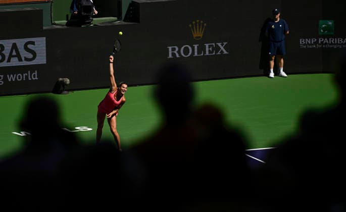 March 12, 2026 Aryna Sabalenka serves against Victoria Mboko (CAN) during their quarterfinals match at the BNP Paribas Open held at the Indian Wells Tennis Garden in Indian Wells, California. California. Mandatory Photo Credit : CSM Tennis 2026: BNP Paribas Open MAR 12  - ZUMAc04_ 20260312_zma_c04_069 Copyright: xCharlesxBausx