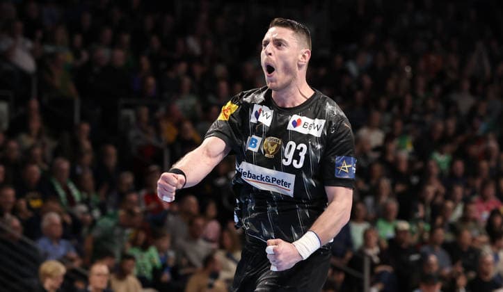 Mijajlo Marsenic jubelt nach Tor Freude Emotion Jubel Handball CL Championsleague Champions League Herren 14. Spieltag Saison 2025 2026 12.03.2026 Füchse Berlin vs HBC Nantes in der Max Schmeling Halle