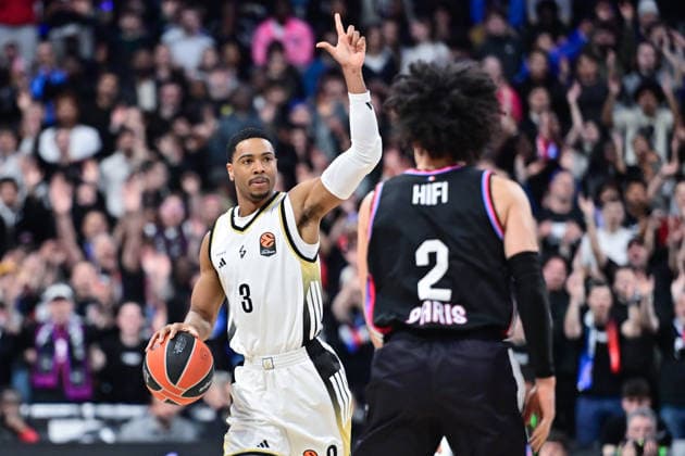 BASKET : Paris Basket vs ASVEL - Euroleague - 12 03 2026 SHAQUILLE HARRISON of ASVEL and Nadir Hifi of Paris Basket during the Euroleague match between Paris Basketball and LDLC ASVEL Villeurbanne at Adidas Arena on March 12, 2026 in Paris, France. ( Photo by Federico Pestellini PSNewz ) - ParisFrance  Copyright: xFedericoxPestellinix