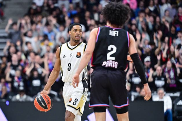 BASKET : Paris Basket vs ASVEL - Euroleague - 12 03 2026 SHAQUILLE HARRISON of ASVEL and Nadir Hifi of Paris Basket during the Euroleague match between Paris Basketball and LDLC ASVEL Villeurbanne at Adidas Arena on March 12, 2026 in Paris, France. ( Photo by Federico Pestellini PSNewz ) - ParisFrance  Copyright: xFedericoxPestellinix