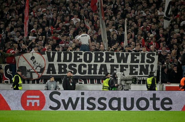 Transparent, Protest, Protestplakat, Fanplakat, Banner, Plakat, Spruchband VIDEOBEWEIS ABSCHAFFEN VAR, Video-Assistent, Videobeweis, Videoschiedsrichter Video Assistent Referee Cannstatter Kurve VfB Stuttgart vs FC Porto EUROPA LEAGUE EL 12.03.2026 DFL REGULATIONS PROHIBIT ANY USE OF PHOTOGRAPHS AS IMAGE SEQUENCES AND OR QUASI-VIDEO VfB Stuttgart vs FC Porto