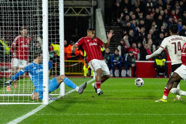 12th March 2026; The City Ground, Nottingham, England; UEFA Europa League Football, Nottingham Forest versus Midtjylland; Murillo of Nottingham Forest clears the ball as it heads for the goal  GodfreyxPitt Content restricted for UK based newspaper