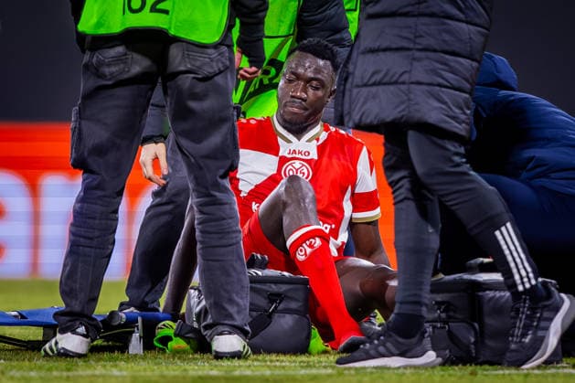 SIGMA OLOMOUC - MAINZ Silas Katompa Mvumpa, Pillip Tietz of Mainz during the 1st leg Round of 16 of UEFA Conference league football match between Sigma Olomouc and 1. FSV Mainz 05. Olomouc, Czechia, March 12, 2026. Photo by Branislav Racko Copyright: xx 080A8172