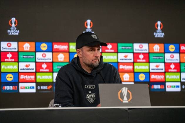 Sebastian Hoeness (Trainer VfB Stuttgart) bei der Pressekonferenz, VfB Stuttgart vs. FC Porto, Fussball, Europa League, Achtelfinale, Hinspiel, 12.03.2026 Stuttgart Baden-Wuerttemberg Deutschland