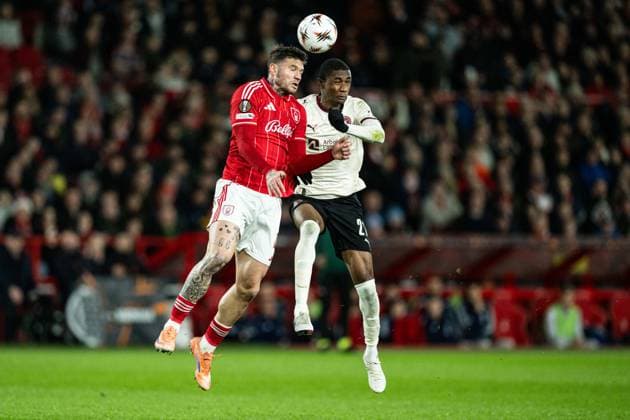 12th March 2026; The City Ground, Nottingham, England; UEFA Europa League Football, Nottingham Forest versus Midtjylland; Morato of Nottingham Forest wins an aerial duel with Denil Castillo of FC Midtjylland  GodfreyxPitt Content restricted for UK based newspaper