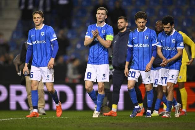 Genk s Matte Smets, Genk s Bryan Heynen, Genk s Konstantinos Kos Karetsas and Genk s Zakaria El Ouahdi celebrate after winning a game between Belgian soccer team KRC Genk and German Freiburg, Thursday 12 March 2026 in Genk, the first leg of the 1 16 Finals of the UEFA Europa League tournament. JOHAN EYCKENS JohanxEyckens  x167309231x