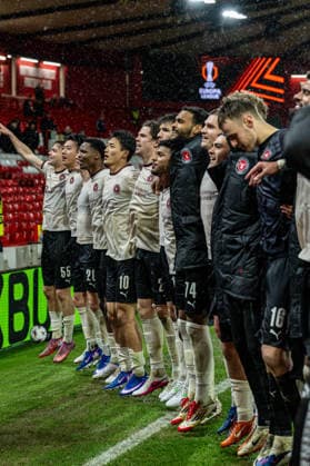12th March 2026; The City Ground, Nottingham, England; UEFA Europa League Football, Nottingham Forest versus Midtjylland; FC Midtjylland players bounce up and down as they celebrate their victory  GodfreyxPitt