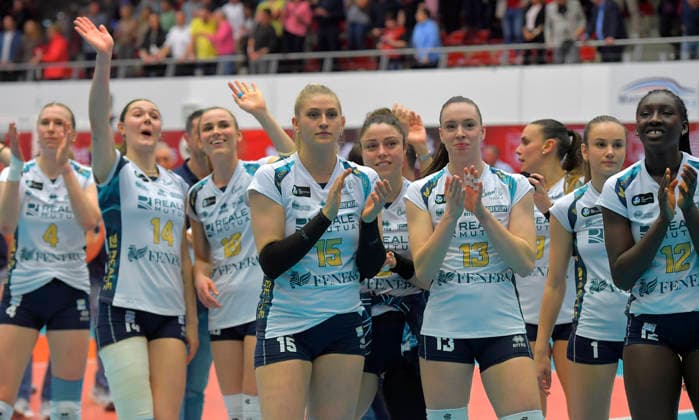 12.3.2026, Chieris Spielerinnen feiern den Sieg, Volleyball, CEV-Cup, Halbfinale, Dresdner SC - Reale Mutua Fenera Chieri, (c) Dresden