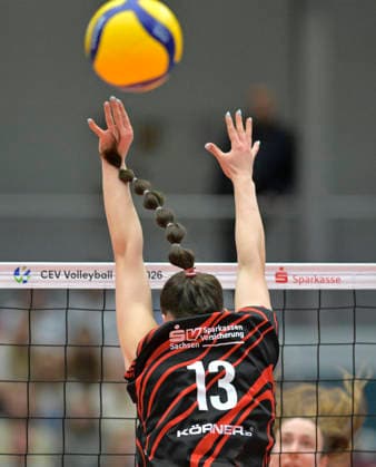 12.3.2026, Dresdens Florentine Rosemann blockt, Volleyball, CEV-Cup, Halbfinale, Dresdner SC - Reale Mutua Fenera Chieri, (c) Dresden