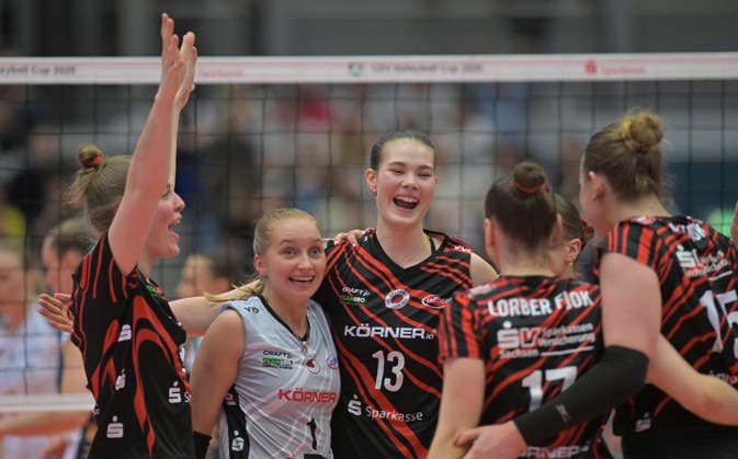 12.3.2026, Dresdnerinnen jubeln über einen Punkt, Volleyball, CEV-Cup, Halbfinale, Dresdner SC - Reale Mutua Fenera Chieri, (c) Dresden