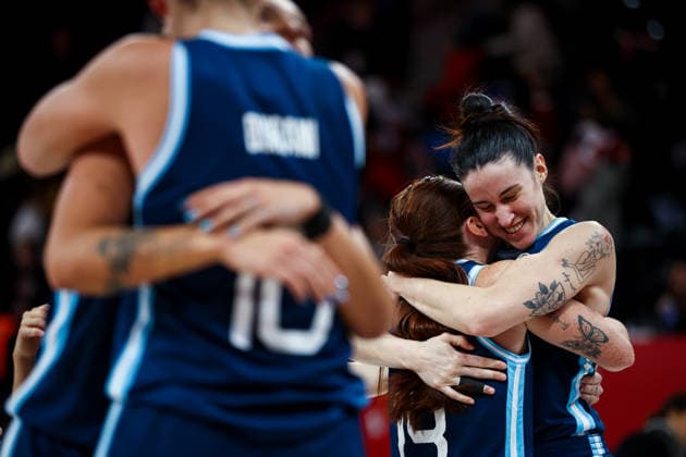 Turkiye vs Argentina Women s Basketball World Cup 2026 Qualifying Tournaments Delfina Saravia of Argentina national team, Nationalteam and Julieta Mungo of Argentina National Team celebrates the end of the match during the Women s Basketball World Cup 2026 Qualifying Tournaments Groupe Phase - Group A between Turkiye National Team and Argentina National Team at Turkcell Basketball Development Center on March 12, 2026 in Istanbul, Turkey. Istanbul Istanbul Turkey Copyright: xBurakxBasturkx