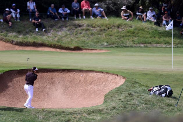 GOLF AUSTRALIAN OPEN WOMEN, Hannah Green of Australia gets trapped in a bunker during the 2026 Women s Australian Open at Kooyonga Golf Club in Adelaide, Friday, March 13, 2026. ( NO ARCHIVING, EDITORIAL USE ONLY ADELAIDE SA AUSTRALIA  Copyright: xMATTxTURNERx 20260313140513633400
