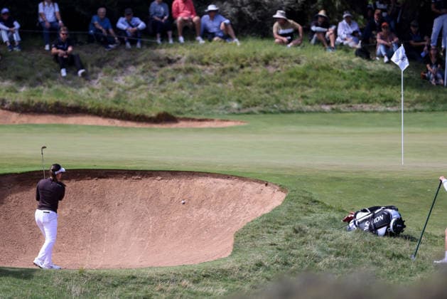 GOLF AUSTRALIAN OPEN WOMEN, Hannah Green of Australia gets trapped in a bunker during the 2026 Women s Australian Open at Kooyonga Golf Club in Adelaide, Friday, March 13, 2026. ( NO ARCHIVING, EDITORIAL USE ONLY ADELAIDE SA AUSTRALIA  Copyright: xMATTxTURNERx 20260313175999074804