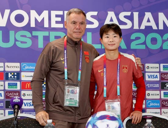 (260313) -- PERTH, March 13, 2026 -- Ante Milicic (L), head coach of the Chinese national women s football team, and Wu Chengshu of China attend Team China s press conference, PK, Pressekonferenz of Women s Asian Cup at Perth Rectangular Stadium in Perth, Australia, March 13, 2026. (Photo by Xinhua) (SP)AUSTRALIA-PERTH-FOOTBALL-WOMEN S ASIAN CUP-CHINA-PRESS CONFERENCE ZhouxDan 