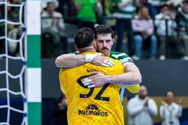March 12, 2026, Pavilhão Multiusos de Odivelas, Lisbon, Portugal, EHF Champions League 2025 26: Sporting CP vs CS Dinamo Bucuresti; Salvador Salvador of Sporting CP and Mohamed Aly of Sporting CP Copyright: HMBxMedia CarlosxSilva