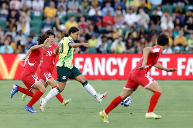 SOCCER ASIAN CUP MATILDAS DPR KOREA, Sam Kerr of Australia passes the ball during the AFC Women™s Asian Cup Quarter Final match between Australia and Democratic People s Republic of Korea (DPR) at HBF Park in Perth, Friday, March 13, 2026. ( NO ARCHIVING, EDITORIAL USE ONLY PERTH WESTERN AUSTRALIA AUSTRALIA  Copyright: xRICHARDxWAINWRIGHTx 20260313172060692915