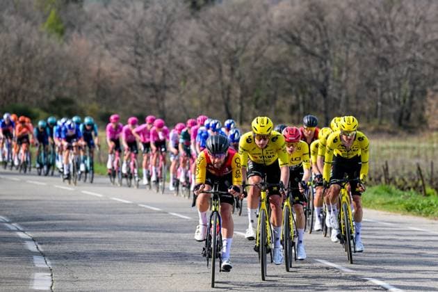 The pack of riders pictured in action during the sixth stage of 84th edition of the Paris-Nice cycling race, a race from Barbentane to Apt (179,3 km), on Friday 13 March 2026. DAVIDxPINTENS  x167369745x