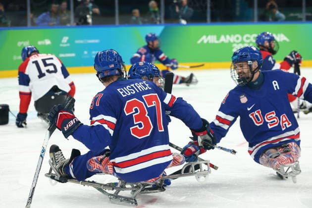 March 13, 2026, Milan, Lombardy, Italy: JOSH PAULS 27 of USA celebrates scoring his side s fourth goal in the Semi Final game between Team United States (USA) and Team Czechia (CZE) at the Milano Cortina 2026 Paralympic Winter games, Winterspiele,Spiele, Summer games USA won 6:1 and advances to the Final. Milan Italy - ZUMAc179 20260313_oly_c179_001 Copyright: xMickaelxChavetx