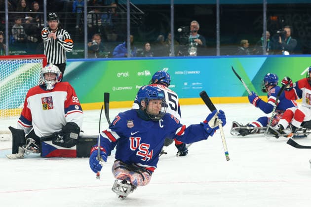 March 13, 2026, Milan, Lombardy, Italy: JOSH PAULS 27 of USA celebrates scoring his side s fourth goal in the Semi Final game between Team United States (USA) and Team Czechia (CZE) at the Milano Cortina 2026 Paralympic Winter games, Winterspiele,Spiele, Summer games USA won 6:1 and advances to the Final. Paralympics 2026: Milano Cortina: Para Ice hockey, Eishockey Men s Semi Final: USA 6:1 CZE  - ZUMAc179 20260313_oly_c179_008 Copyright: xMickaelxChavetx