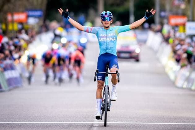 Colombian Harold Tejada of XDS Astana Team celebrates as he crosses the finish line to win the sixth stage of 84th edition of the Paris-Nice cycling race, a race from Barbentane to Apt (179,3 km), on Friday 13 March 2026. DAVIDxPINTENS  x167374518x