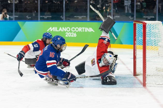 March 13, 2026, Milan, Lombardy, Italy: DECLAN FARMER 16 of USA shoots during the Semi Final game between Team United States (USA) and Team Czechia (CZE) at the Milano Cortina 2026 Paralympic Winter games, Winterspiele,Spiele, Summer games USA won 6:1 and advances to the Final. Milan Italy - ZUMAc179 20260313_oly_c179_025 Copyright: xMickaelxChavetx